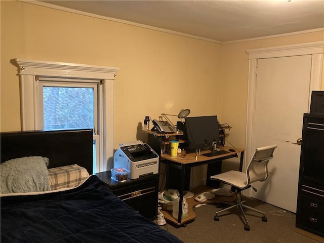 carpeted bedroom with ornamental molding