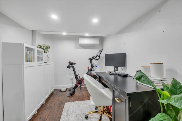 office featuring dark wood-style floors, a wall mounted AC, baseboards, and recessed lighting