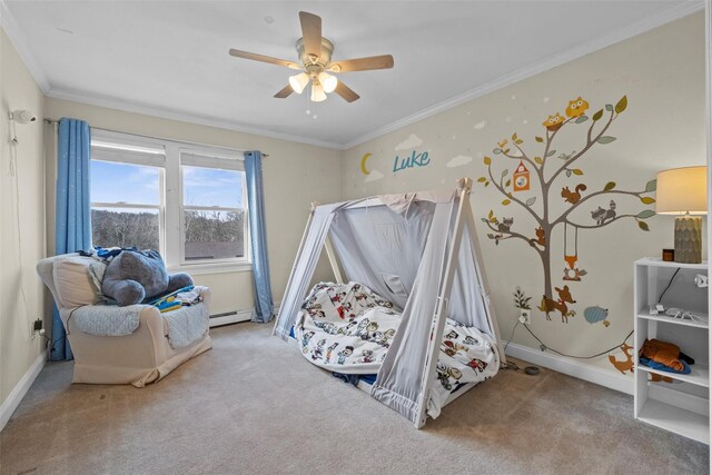 carpeted bedroom featuring ornamental molding, baseboards, baseboard heating, and a ceiling fan