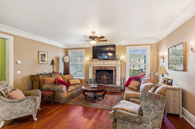 living area featuring ornamental molding, a ceiling fan, a fireplace, and wood finished floors