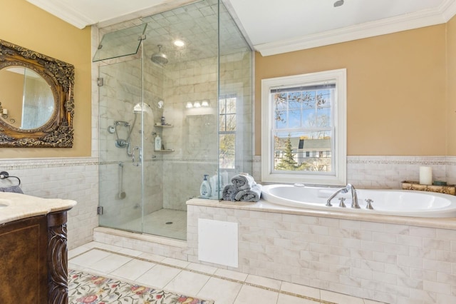 full bath with ornamental molding, tile patterned flooring, a shower stall, and a bath