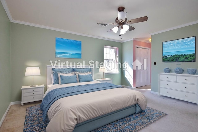 59 Wells Rd, Newburgh, NY 12550 - bedroom with light colored carpet, baseboards, crown molding, a ceiling fan, and a closet
