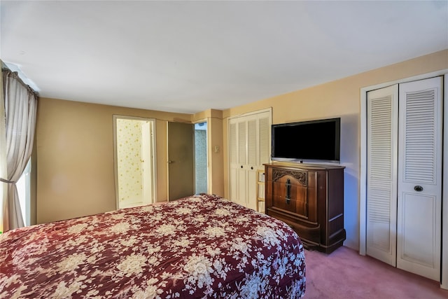 bedroom with carpet and multiple closets