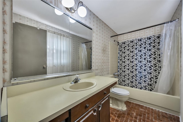 bathroom featuring brick floor, toilet, vanity, shower / bath combination with curtain, and wallpapered walls