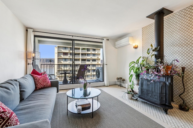 carpeted living room featuring a wood stove and a wall mounted air conditioner