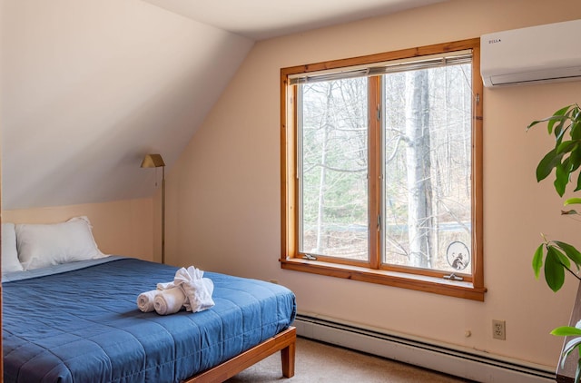 bedroom with a wall unit AC, carpet, lofted ceiling, and a baseboard radiator