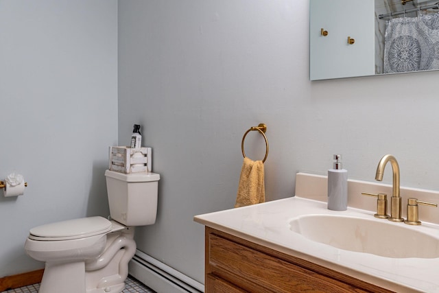 full bath with a baseboard heating unit, toilet, and vanity