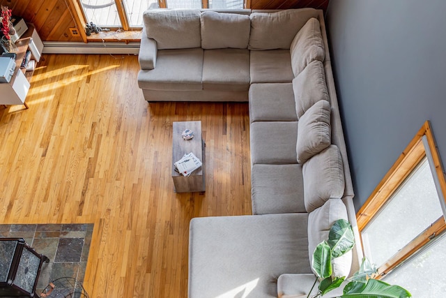 living area featuring wood finished floors and baseboard heating