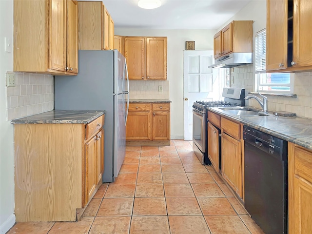 kitchen with light tile patterned floors, tasteful backsplash, appliances with stainless steel finishes, a sink, and under cabinet range hood