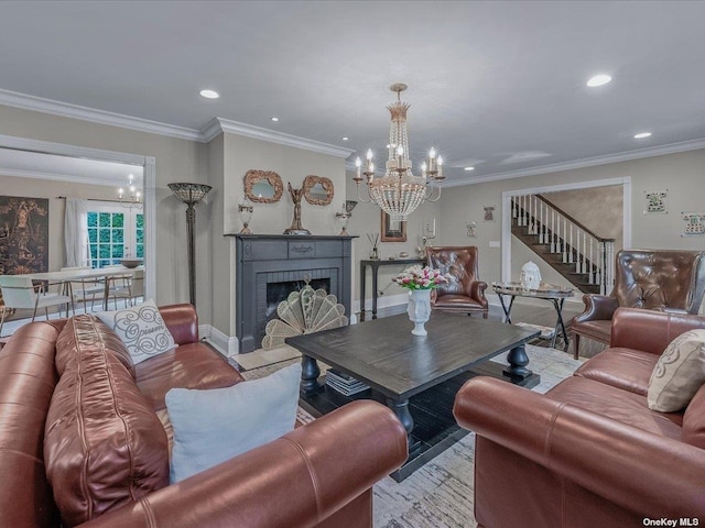 living area featuring a chandelier, crown molding, a fireplace, and wood finished floors