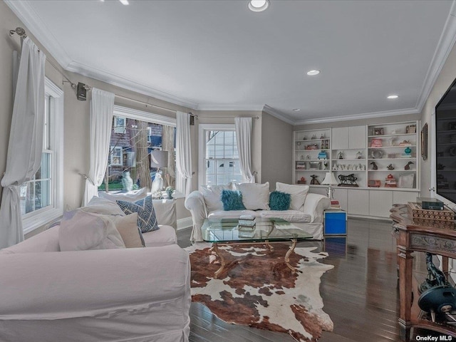 living area featuring ornamental molding, wood finished floors, and recessed lighting