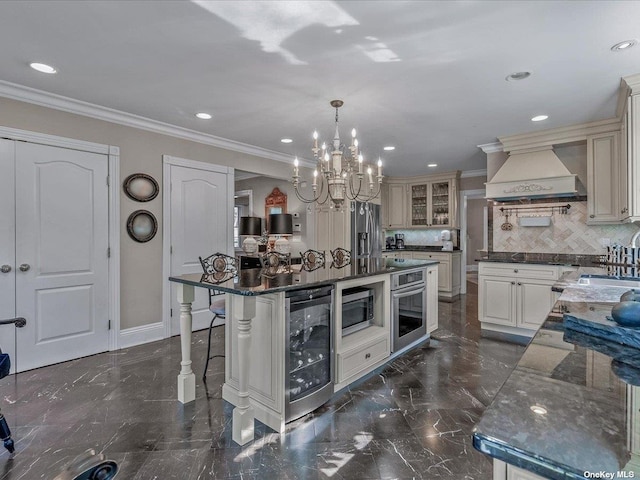 kitchen with wine cooler, marble finish floor, stainless steel appliances, custom range hood, and ornamental molding