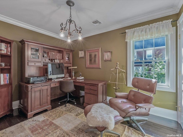 home office with baseboards, visible vents, ornamental molding, and dark wood-type flooring