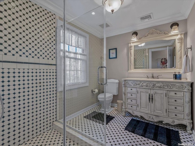 bathroom featuring crown molding, visible vents, toilet, a shower stall, and tile patterned flooring