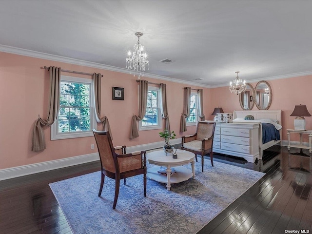 interior space featuring hardwood / wood-style flooring, baseboards, a chandelier, and ornamental molding