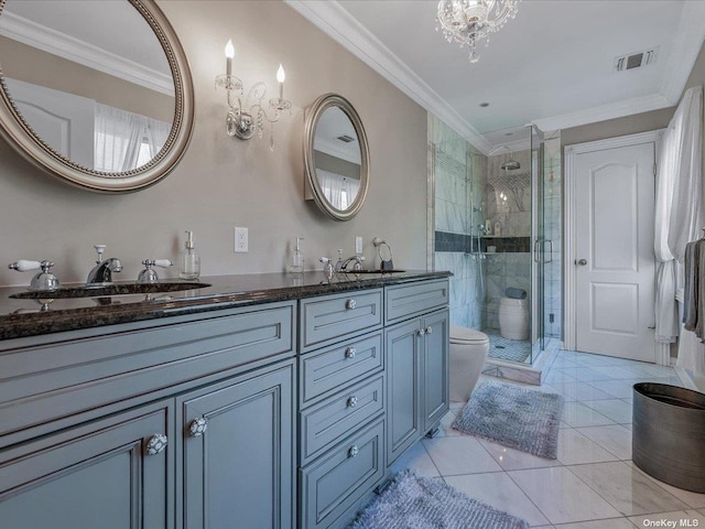 full bathroom featuring a stall shower, visible vents, and crown molding