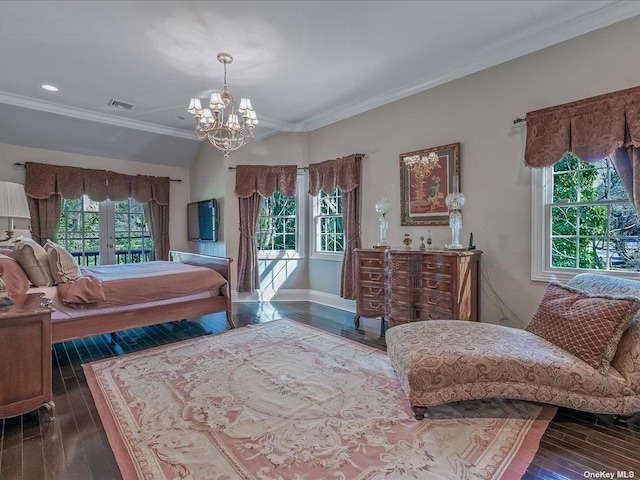 bedroom featuring ornamental molding, a chandelier, visible vents, and wood finished floors