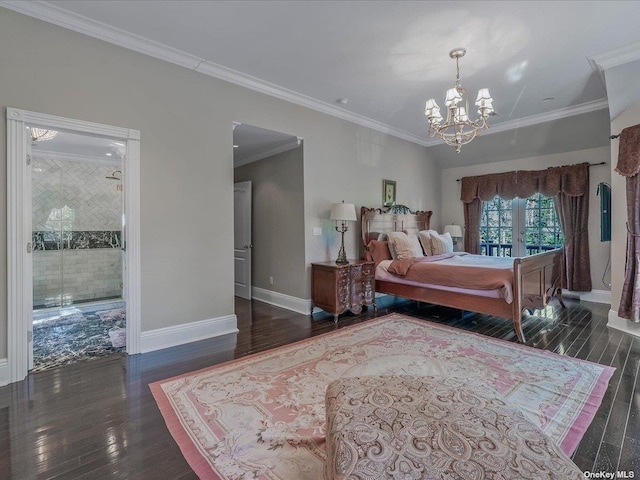 bedroom with ornamental molding, an inviting chandelier, baseboards, and wood finished floors