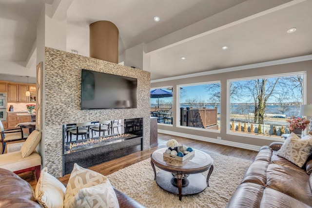 living area with recessed lighting, baseboards, a multi sided fireplace, and wood finished floors