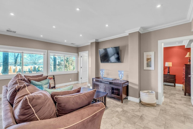 living room featuring baseboards, visible vents, crown molding, and recessed lighting