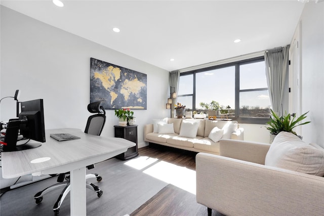 office featuring wood finished floors and recessed lighting