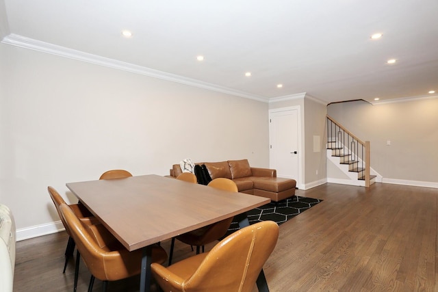 dining space with dark wood-style floors, crown molding, recessed lighting, stairway, and baseboards