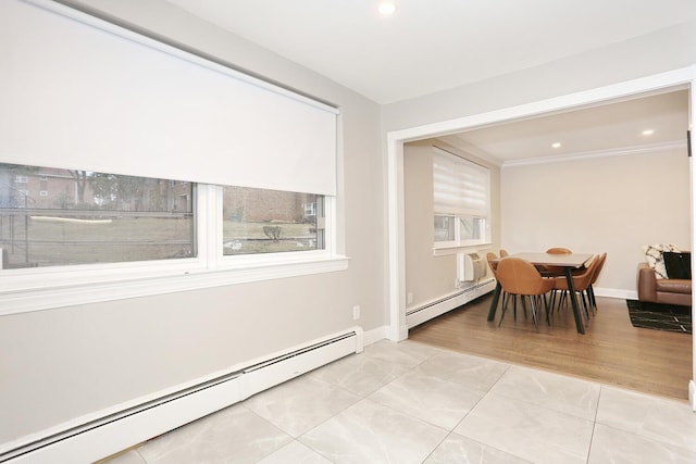 dining space featuring a baseboard radiator, recessed lighting, baseboards, and light tile patterned floors