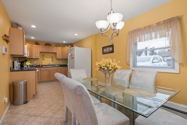 dining space with baseboards, a baseboard radiator, light tile patterned flooring, a chandelier, and recessed lighting