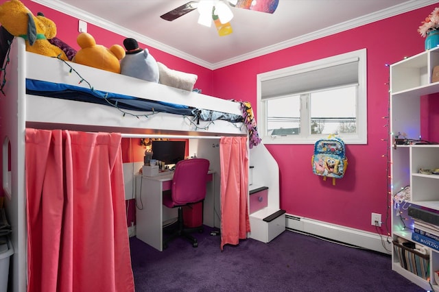 carpeted bedroom with a baseboard heating unit, ornamental molding, and a ceiling fan