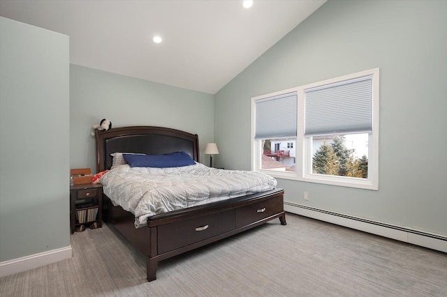 bedroom featuring carpet floors, recessed lighting, baseboard heating, vaulted ceiling, and baseboards