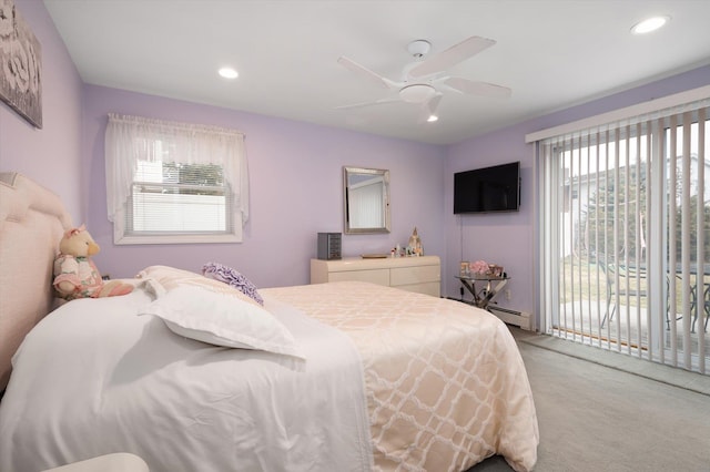 bedroom with a ceiling fan, a baseboard radiator, access to exterior, carpet floors, and recessed lighting