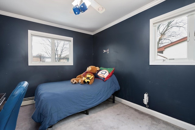 carpeted bedroom with a baseboard heating unit, ornamental molding, and baseboards