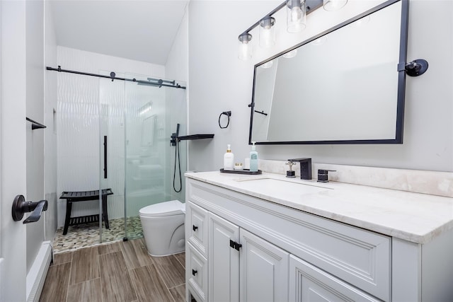 bathroom with wood tiled floor, a shower stall, toilet, and vanity