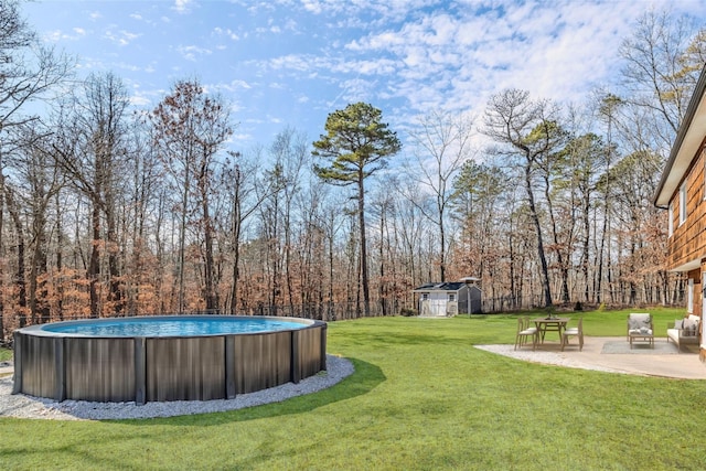 view of yard with a shed, a patio area, an outdoor structure, and an outdoor pool