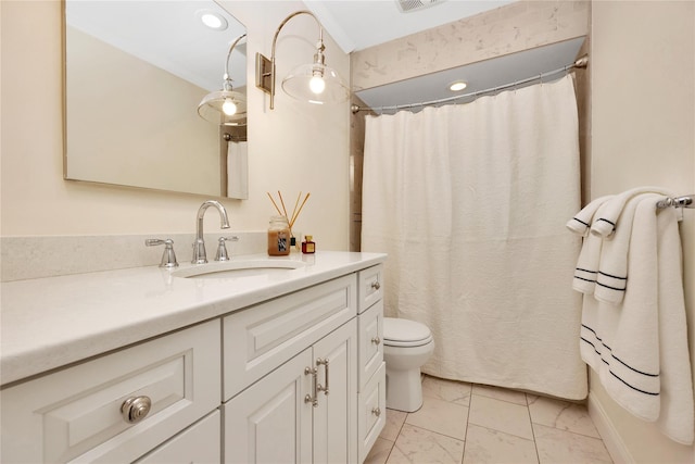 bathroom featuring a shower with curtain, marble finish floor, vanity, and toilet