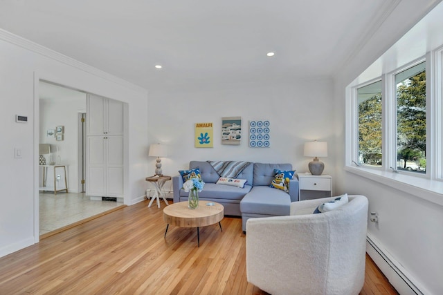 4645 Rocky Point Rd, East Marion, NY 11939 - living room featuring baseboard heating, ornamental molding, light wood-style floors, baseboards, and recessed lighting