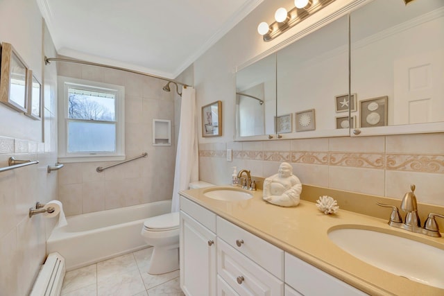 4645 Rocky Point Rd, East Marion, NY 11939 - full bathroom featuring baseboard heating, toilet, shower / tub combo, crown molding, and tile walls