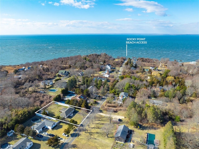 4645 Rocky Point Rd, East Marion, NY 11939 - aerial view of property and surrounding area with a nearby body of water and property parcel outlined