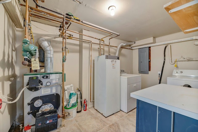 4645 Rocky Point Rd, East Marion, NY 11939 - washroom with electric panel, washing machine and dryer, and light tile patterned floors