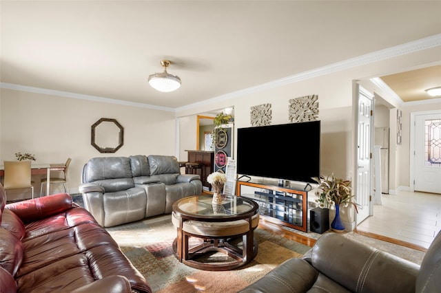 living area featuring crown molding and baseboards