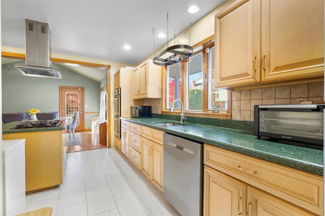 kitchen featuring tasteful backsplash, dark countertops, lofted ceiling, island exhaust hood, and stainless steel appliances