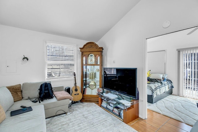 living room featuring lofted ceiling