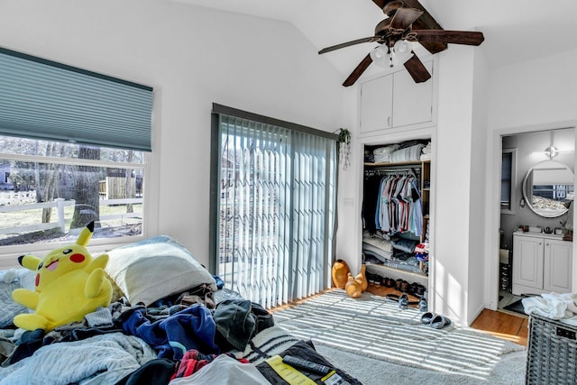 bedroom featuring lofted ceiling, a closet, and wood finished floors