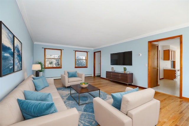 living area featuring a baseboard radiator, crown molding, a baseboard heating unit, and wood finished floors