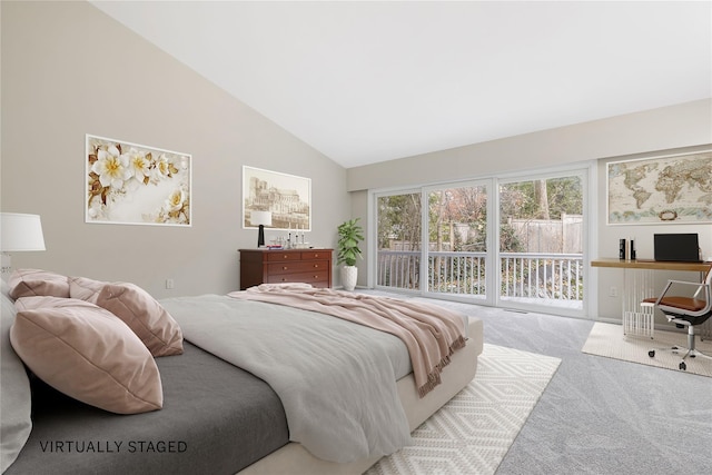 bedroom featuring access to outside, high vaulted ceiling, and carpet flooring