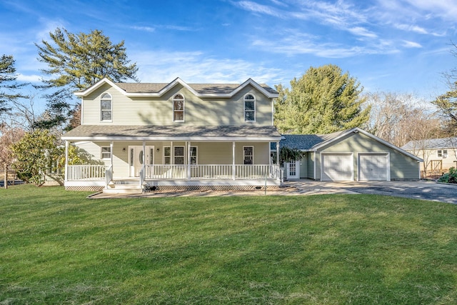 farmhouse-style home with covered porch, a garage, a shingled roof, driveway, and a front lawn