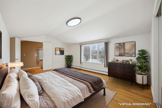 bedroom with baseboard heating, light wood-style floors, and vaulted ceiling