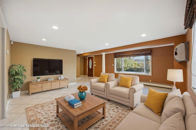 living area featuring a baseboard radiator, light tile patterned floors, baseboards, and recessed lighting