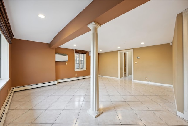interior space with baseboard heating, a baseboard heating unit, baseboards, a wall mounted air conditioner, and recessed lighting