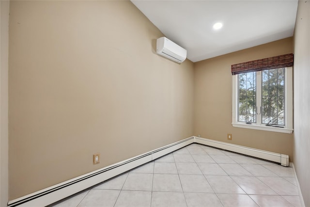 empty room with baseboards, a wall mounted AC, baseboard heating, recessed lighting, and a baseboard heating unit